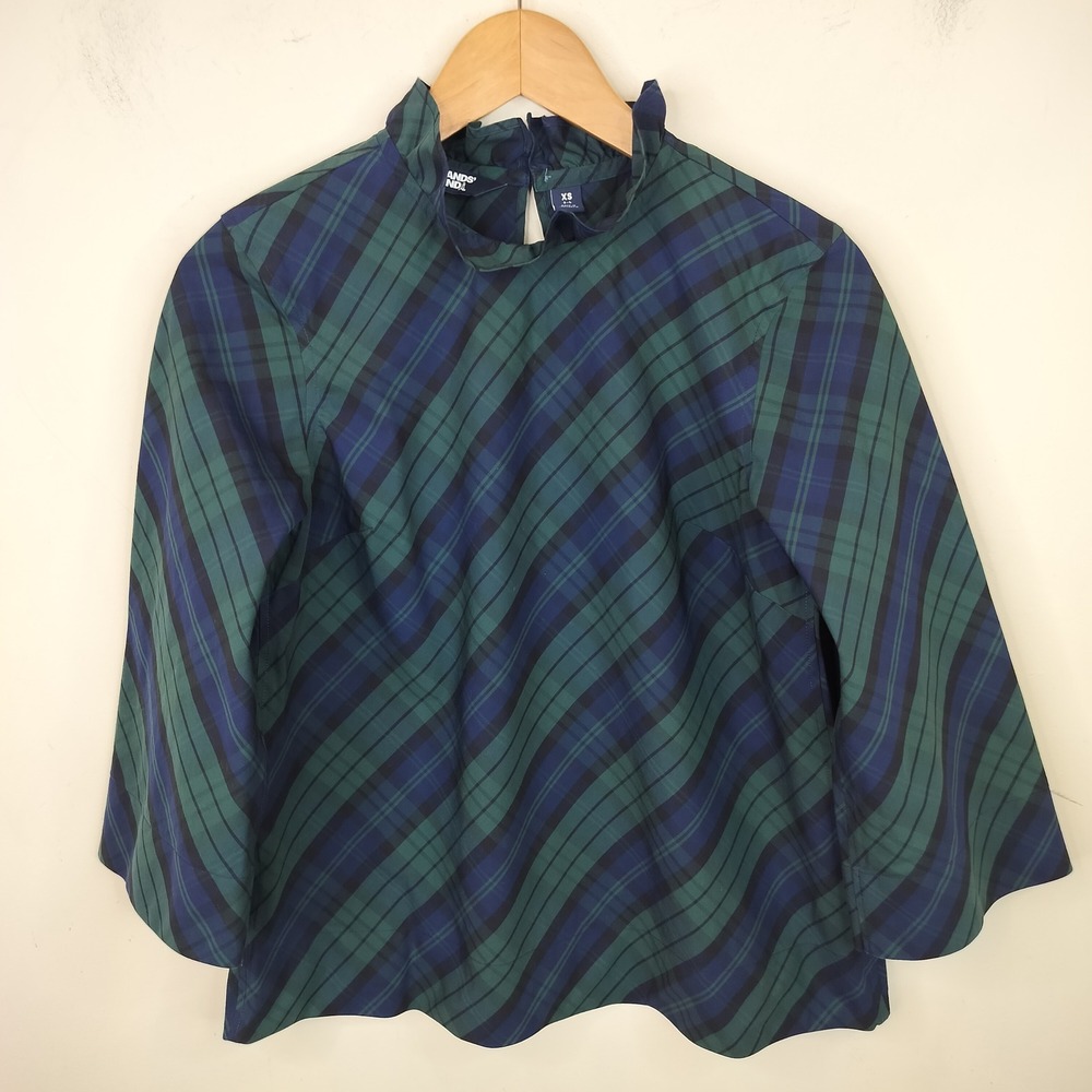 Lands End Plaid Blouse Top XS Ruffle Neck Green Blue Tartan Cotton